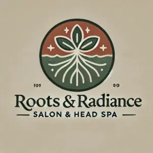 A logo of roots and radiance salon and head spa.